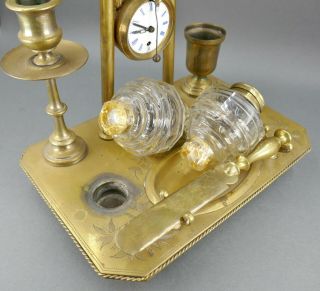 Fine Antique Austrian Bronze Service Bell Desk Set W/ Clock Inkwell Match Holder 11