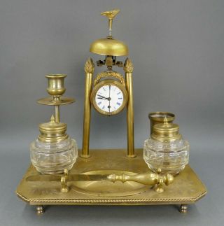 Fine Antique Austrian Bronze Service Bell Desk Set W/ Clock Inkwell Match Holder