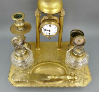 Fine Antique Austrian Bronze Service Bell Desk Set W/ Clock Inkwell Match Holder 3