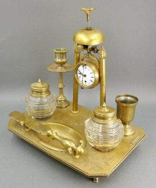 Fine Antique Austrian Bronze Service Bell Desk Set W/ Clock Inkwell Match Holder 6