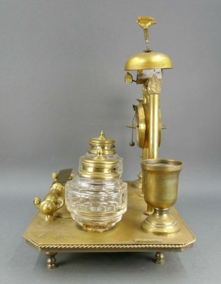 Fine Antique Austrian Bronze Service Bell Desk Set W/ Clock Inkwell Match Holder 8