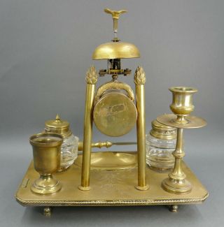 Fine Antique Austrian Bronze Service Bell Desk Set W/ Clock Inkwell Match Holder 9