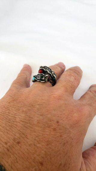 Vintage Chinese Silver dragon ring red and blue stones 10