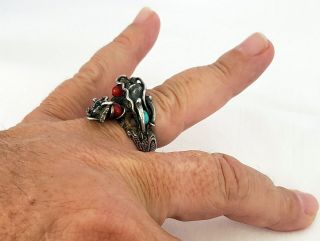 Vintage Chinese Silver dragon ring red and blue stones 11