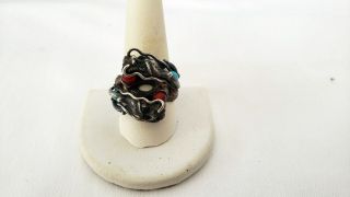 Vintage Chinese Silver Dragon Ring Red And Blue Stones