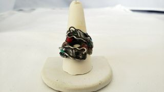 Vintage Chinese Silver dragon ring red and blue stones 2