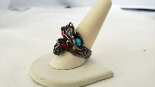 Vintage Chinese Silver dragon ring red and blue stones 3
