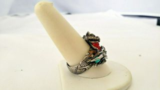 Vintage Chinese Silver dragon ring red and blue stones 5