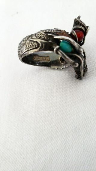 Vintage Chinese Silver dragon ring red and blue stones 8
