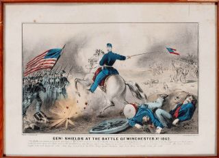 1862 Civil War Battle Of Winchester Currier & Ives Lithograph Print Hand Colored