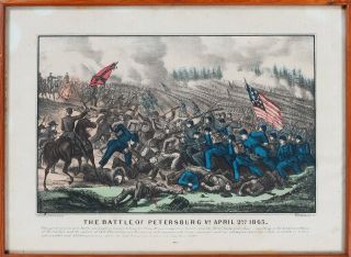 1865 Civil War Battle Of Petersburg Currier & Ives Lithograph Print Hand Colored