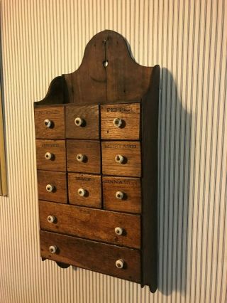 Old Vintage Antique Primitive 11 Drawer Wooden Spice Wall Cabinet 1900
