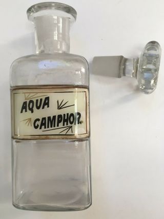 VINTAGE SMALL APOTHECARY BOTTLE W/STOPPER - AQUA CAMPHOR - F&S? 3