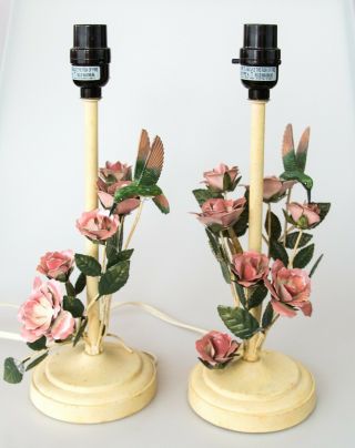 Vintage Italian Tole Hummingbirds & Roses Flowers Floral Lamps