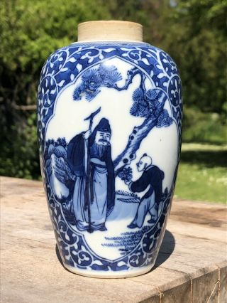 Chinese Qing Dynasty Blue And White Porcelain Jar Vase Immortal Double Ring Mark