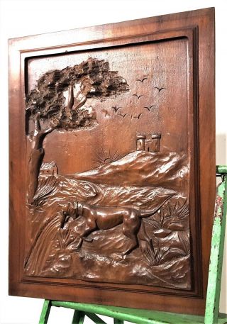 Dog Hunting Scene Panel Vintage French Hand Carved Wood Architectural Salvage