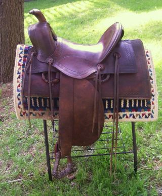Vtg US Cavalry WWI Packers Slick Fork Western Saddle w/ Nail Pouch 9