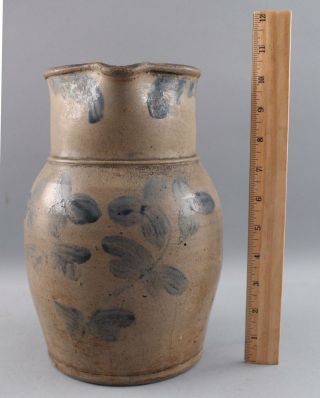 19thc Antique Maryland Stoneware Pitcher Jug,  Peter Hermann Blue Slip Flowers Nr
