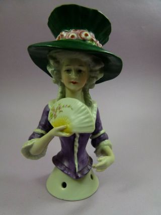 Antique German Half Doll Lady In Unusual Green Bonnet By Gebr.  Heubach