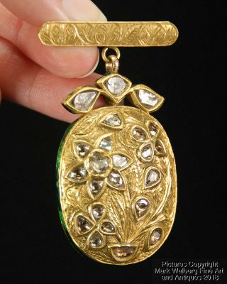 Indian Mughal Jewelry Gold,  Diamond & Enamel Oval Pendant / Brooch,  19/20th C. 4