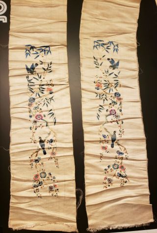 Pair Antique Qing Dynasty Chinese Silk Embroidery Panels Sleeve Bands