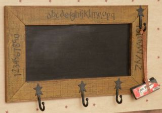 Country Abc 123 Hanging Wood Framed Chalkboard W/star Hooks