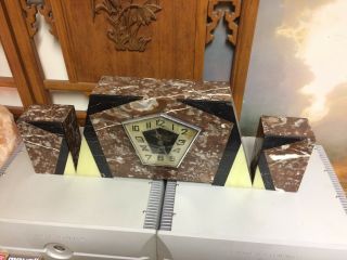 Art Deco Marble Onyx Mantle Clock w/ matching Garnitures 4