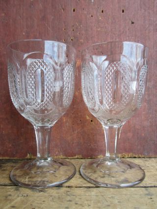 Antique Eapg Pair Civil War Era England Pressed Glass Buckle Pattern Goblets