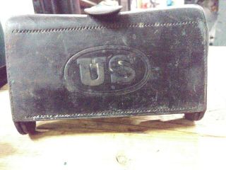 Vintage Us Military Black Leather Ammo Pouch Box W/ Brass Hinge Post & Rivets