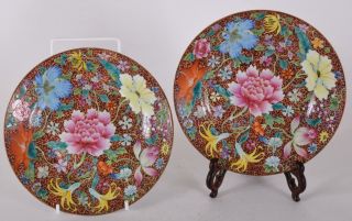 2 Fine Chinese Republic Flower Decorated Porcelain Plates Qianlong Mark Bats