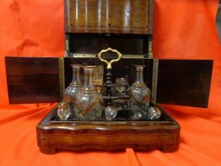 19th C Etched Amber Glass Cocktail Decanter Liquor Cabinet Box Burl Wood Inlay