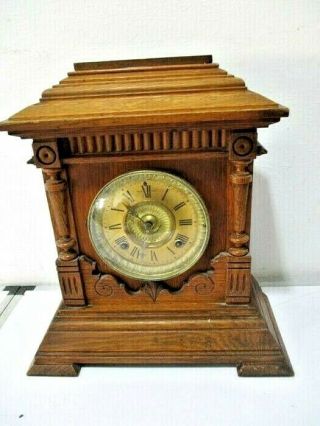 Antique Oak Cased Sharon 8 Day Striking Mantle Clock By Ansonia Usa C1890