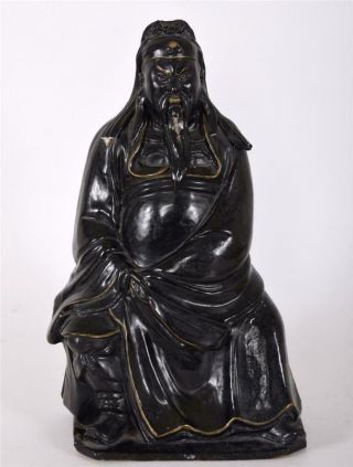 Antique Chinese Porcelain Statue Of Guan Yu Warrior Black With Gold Highlights