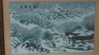 Antique Chinese Watercolor On Paper Painting Of Snowy Mountain Home,  Signed,  Seal