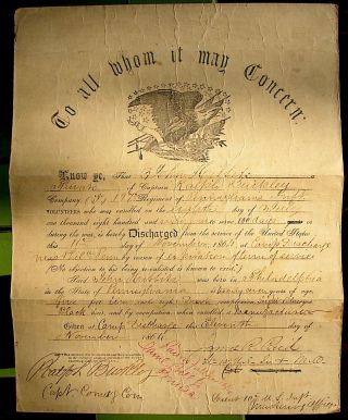 1864 Civil War Discharge Certificate Pennsylvania Infantry John Hibbits