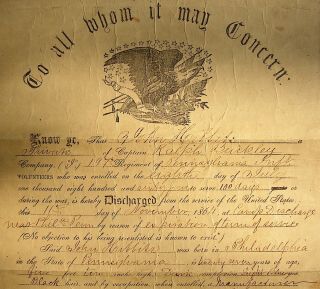 1864 Civil War Discharge Certificate Pennsylvania Infantry John Hibbits 2