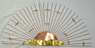 Vintage Mid Century Brutalist Metal Sunburst Birds Sculpture Wall Art 40x20