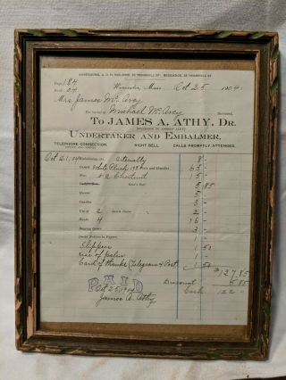 Antique 1904 James A.  Athy Undertaker/embalmer Worcester,  Mass Detailed Receipt
