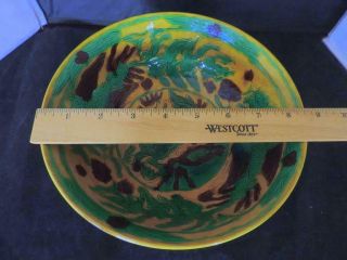LARGE CHINESE ANTIQUE PORCELAIN - YELLOW GREEN & AUBERGINE DRAGON BOWL - MARK 4