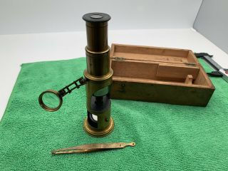 Antique French Brass Microscope Mini In Wodden Box