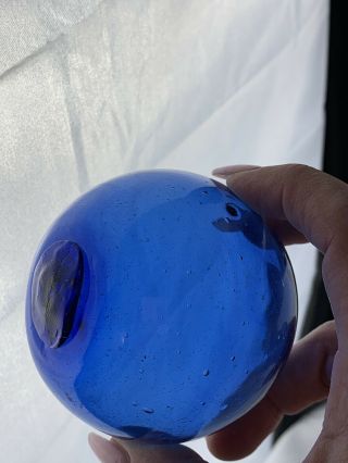Vintage Hand Blown Glass Fish Net Float Ball Cobalt Blue Nautical Home Decor 6