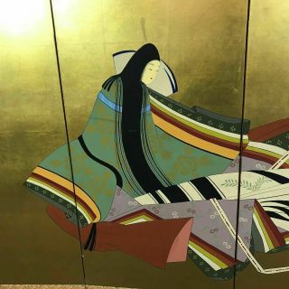 Mid Century Japanese Byobu Goldleaf Artist Painted Signed 4 Panel Folding Screen 2