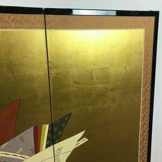 Mid Century Japanese Byobu Goldleaf Artist Painted Signed 4 Panel Folding Screen 3