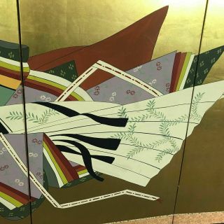 Mid Century Japanese Byobu Goldleaf Artist Painted Signed 4 Panel Folding Screen 5