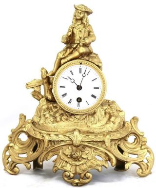 Antique French Mantle Clock 19th C Gilt Metal 8 Day Figural By S.  Marti