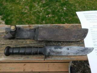 WWII FIGHTING KNIFE WITH LEATHER SHEATH NAMED LARRY CLARK KABAR FROM ST JOSEPH 2