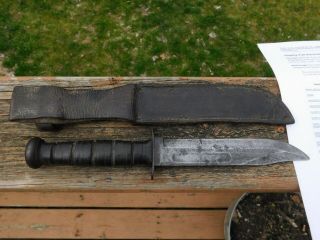 WWII FIGHTING KNIFE WITH LEATHER SHEATH NAMED LARRY CLARK KABAR FROM ST JOSEPH 4