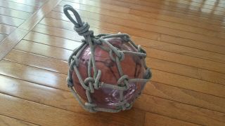 Vintage Japanese Glass Fishing Float With Old Rope Netting 8 " Diameter Violet