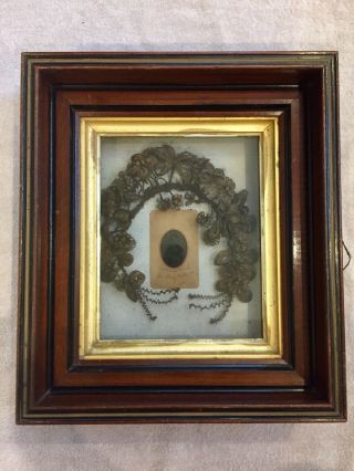 Antique Victorian Hair Mourning Wreath Shadow Box With Photo Of Woman