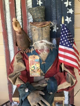Handmade Primitive Patriotic Uncle Sam Doll With Eagle Doll & Flag - Unique Ooak